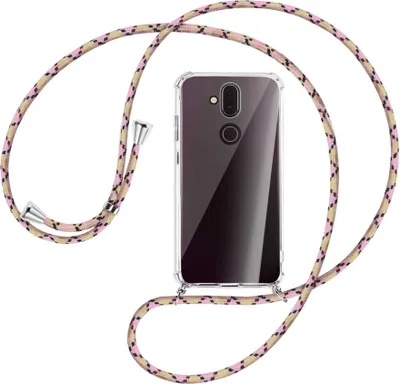 Produktbild von Handykette Backcover-Schutzhülle mit Band (Metall silberfarben) für Nokia 8.1 - rosa Karo