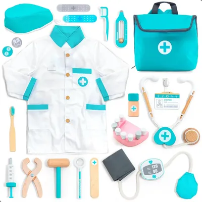 Image de UMU® Mallette de médecin jeu d'enfant en bois 20pcs - Blouse médicale, stéthoscope, accessoires dentaires, pour enfants à partir de 2, 3, 4 et 5 ans - Turquoise