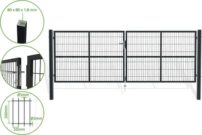 A black metal double gate with a white background and informational callouts.