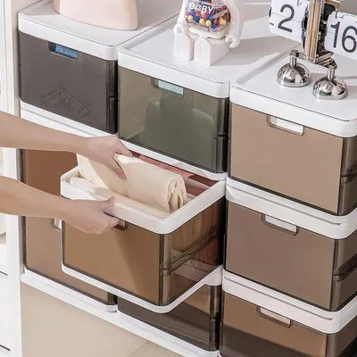 Produktbild von Famanu Set aus 3 faltbaren Kleiderschrank-Organizern mit 1 Deckel - stapelbare Aufbewahrungsboxen für Kleidung