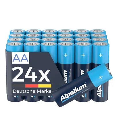 A pack of AA batteries in a cardboard holder, with one battery in the foreground.