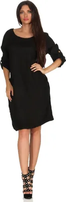 Produktbild von 306 Mississhop Damen 100 % Leinenkleid CASUAL Shirtkleid style Strandkleid Sommerkleid in modischer Schnittführung Schwarz