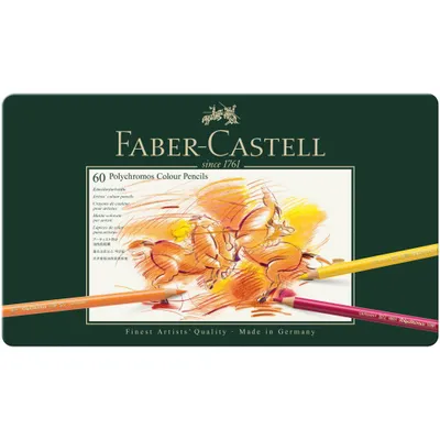 A box of Faber-Castell Polychromos colored pencils.