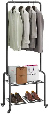 Obrázek produktu pro Uniqoos® Volně stojací věšák na oblečení s kolečky – kovová konstrukce s 2 policemi, vhodný do ložnice, rozměry 61 x 32 x 176 cm