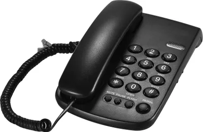 A black corded telephone is shown against a white background.
