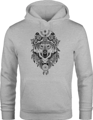 Produktbild von Hoodie Herren Aufdruck Wolf-Motiv Print Boho Bohemian Ethno Style Kapuzen-Pullover Männer Neverless® grau XL