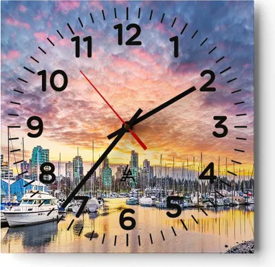Produktbild von Wanduhr - Quadrat - Glasuhr - Boote städtisch Stadt Landschaft - 30x30cm - Schleichendes Uhrwerk - Lautlos - zum Aufhängen bereit - Dekoration Modern - Wanddekoration aus Glas - C4AC30x30-3108
