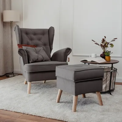 Produktbild von Idohome - Gepolsterter Ohrensessel CLASSIC mit Hocker, Farbe: Graphit Trinity 34