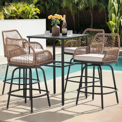 Produktbild von Avestar 5-tlg. Gartenbar Set, Barhöhe Esstisch und 4 drehbaren Barhockern aus handgewebtem Rattan mit abnehmbaren Kissen, Schwarz und Beige