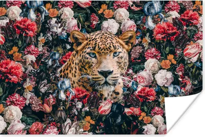 Produktbild von MuchoWow® Poster Leopard - Blumen - Tiere 180x120 cm - Fotoplakat