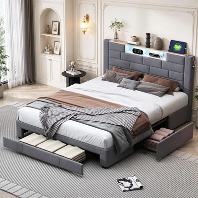 Obrázok produktu pre INONEFT čalúnená posteľ 140x200 cm s úložnou funkciou (USB a Typ-C), posteľ pre mládež, dvojposteľ s 3 zásuvkami, posteľ s úložným priestorom, LED osvetlením a latkovým roštom, zamat, sivá
