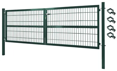 Produktbild von Gartentor Tor Gartenzaun Zaun 300x100 cm Doppelflügelig Gartentür aus Metall für Stabmattenzaun Abschließbar inkl. Pfosten Grün V2Aox