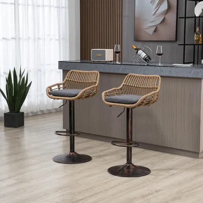 Image de MODFU Tabouret De Bar Réglable - Avec Repose-Pieds Et Accoudoirs, Assise Rattan PE Et Pieds Métal Doré, Idéal Cuisine Ou Bar - Gris