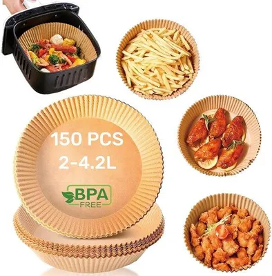 Zdjęcie produktu dla Papier do pieczenia bez BPA, wodoodporny i odporny na tłuszcz, do frytkownicy na gorące powietrze, 150 sztuk, pojemność 2–4,2 l, okrągły, 16 cm