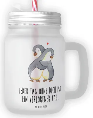 Produktbild von Mr. & Mrs. Panda Glas Pinguine Kuscheln - Transparent - Geschenk, für Frauen, Trinkgefäß, Glasbecher, Mason Jar, mit deckel, Freundin, Freund, Und Strohhalm, Hochzeitstag