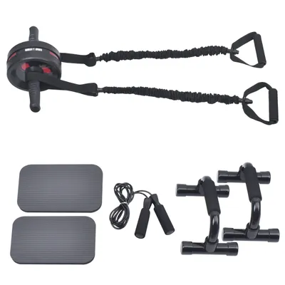 A collection of fitness equipment laid out on a white background.