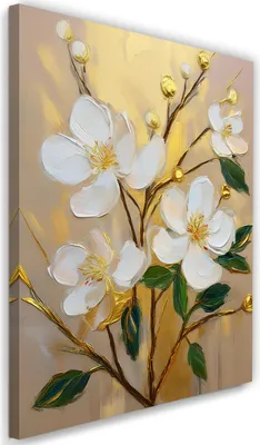 Image de Toile Peinture « Fleurs blanches sur fond doré » 40 x 60 Feeby Blanc Tableau prêt à accrocher au mur