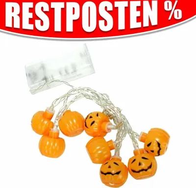 A string of Halloween-themed pumpkin lights on a white background.