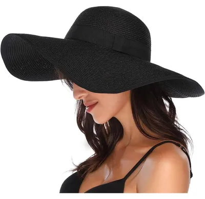 Immagine prodotto di Cappello da sole da donna, pieghevole, con ampia tesa, in paglia, con protezione UV 50+, colore nero