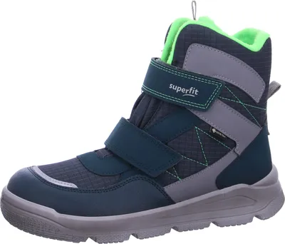 A single blue and gray winter boot with green accents is shown against a white background.