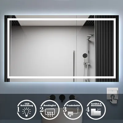 Produktbild von Badspiegel mit Beleuchtung 100x80cm Badezimmerspiegel Kaltweiß Wandspiegel mit Wandschalter Beschlagfrei IP44 Palmer-Serie
