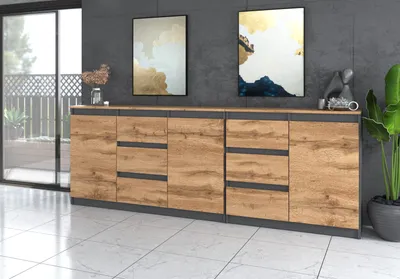 Zdjęcie produktu dla AZ team ® Duża Komoda ANTRACYT WOTAN blat WOTAN 200 cm 6 Szuflad 3 Drzwi Zestaw do Salonu