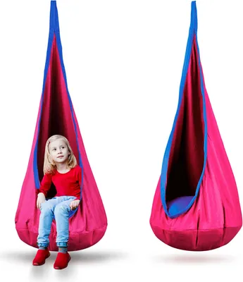 A child sits in a pink hanging chair with blue trim, shown from two different angles.