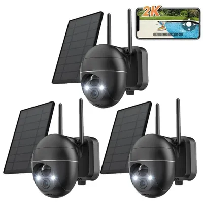 Image de Caméra de surveillance 2K Wi-Fi d'extérieur sans fil, caméra solaire PTZ 360°, batterie rechargeable, 2,4 GHz, vision nocturne couleur, détection PIR, lot de 3