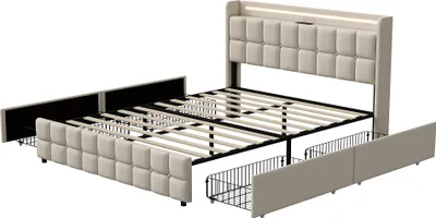 Immagine prodotto di UnboxG letto imbottito 160x200cm con USB e prese di corrente, letto per ragazzi letto matrimoniale con 4 cassetti, letto contenitore letto in legno massiccio con LED/tipo C e rete a doghe, lino