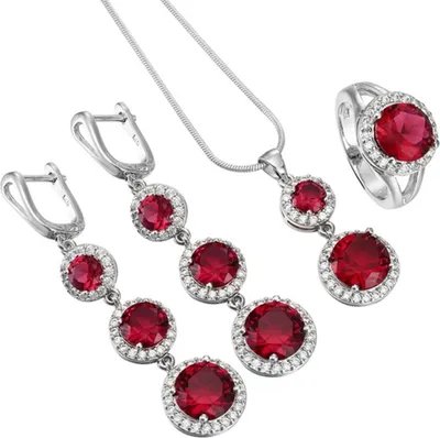 Produktbild von Halsketten-Ohrringe-Ring-Schmucksets für Damen mit Anhänger aus künstlichem Edelstein und kubischem Zirkon-Rot,US 7