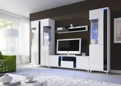 Produktbild von Wandschrank Marco 1 Wohnzimmermöbel Set + Led (Weiss/Schwarz)