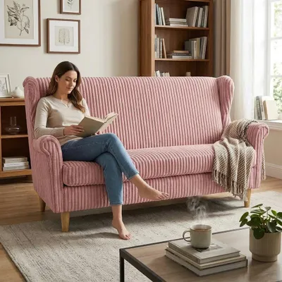Produktbild von Schlafsofa IDYLLA – mit Bettkasten, Breiter Cord in Rosa, Family Meble, KI-generiertes Bild