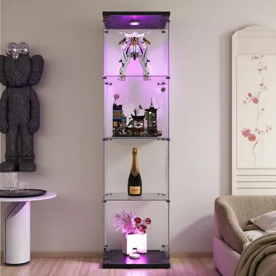 Zdjęcie produktu dla Szkło witrynowe z oświetleniem LED, 4 półki z bezpiecznego szkła, kolor czarny, wymiary: 164 x 42,5 x 36,5 cm