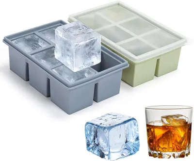 Imagen del producto de Molde para cubitos de hielo - Juego de 2 unidades - Grande - De silicona con tapa - Molde para cubitos de hielo sin BPA - Cuadrado - Contenedor para cubitos de hielo con 6 compartimentos - 5 cm
