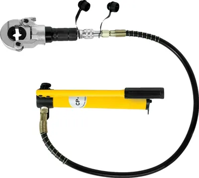 Zdjęcie produktu dla Zestaw narzędzi hydraulicznych do zaciskania, składający się z wymiennych szczęk, kilku matryc, w kolorze żółtym