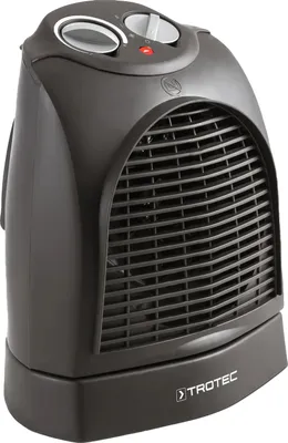 A black electric heater with a fan and controls on top, set against a white background.