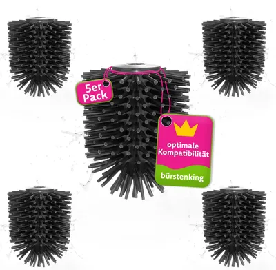 Produktbild von Bürstenking Silikon WC Ersatzbürstenkopf, 65 mm, Toilettenbürstenkopf Set passend für Universal WC-Garnituren, Silikon Ersatzklobürstenkopf, mit M12 Innengewinde, 5 Stück, schwarz
