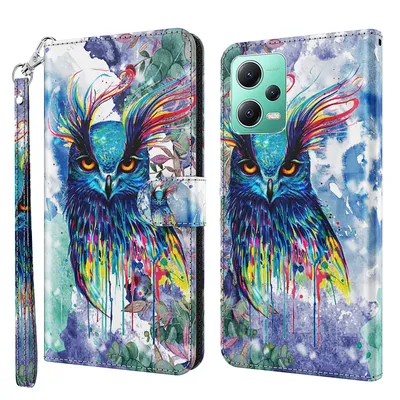 Produktbild von CLM-Tech Hülle kompatibel mit Redmi Note 12 5G - Tasche aus Kunstleder - Klapphülle mit Ständer und Kartenfächern, Eule bunt