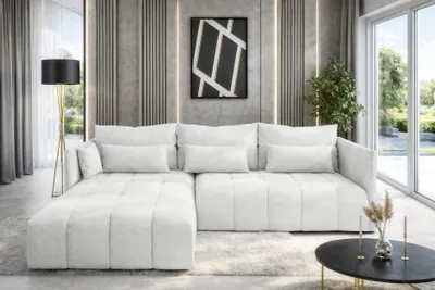 Image de AX LIVING Canapé d'angle blanc avec fonction couchage et coffre de rangement Cosmova 248 cm