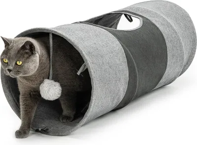 Produktbild von lionto Spieltunnel für Katzen, hochwertiger Faux-Linen Katzentunnel mit Spielball, erweiterbar & platzsparend, 30x70 cm, grau