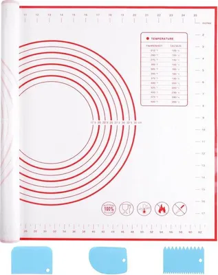 Produktbild von Silikonische Backmat, groß, 70 x 50 cm, silikonisch, Backen, antislip, Backunterlage mit Messung, Ausrollmat für Fondant, Pizza, BPA-frei, rot + 3 Stück Schaber