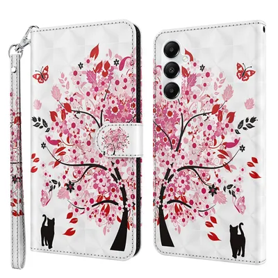 Produktbild von CLM-Tech Handyhülle kompatibel mit Samsung Galaxy A57 5G Hülle - Tasche aus Kunstleder - Klapphülle mit Ständer und Kartenfächern - Schutzhülle Wallet Case Cover Baum rosa weiß