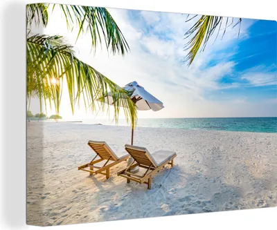 Produktbild von OneMillionCanvasses® - Leinwandbilder - 140x90 cm, Strandkorb - Sonnenschirm - Sonnenuntergang, Wandbilder Kunstdruck Wanddekoration - Foto auf Leinwand - Gemälde auf Holzrahmen