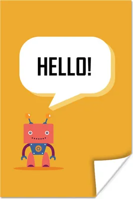 Produktbild von MuchoWow® Poster Roboter mit einer Textwolke "Hallo!" vor einem orangefarbenen Hintergrund 80x120 cm - Papierdruck