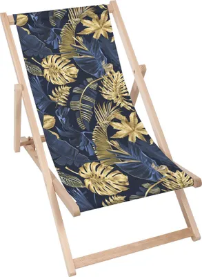 Produktbild von Dreamroots  klappbar Holz, Buchenholz bis zu 130 kg, Sonnenliege klappbar mit 3-stufiger Neigungsregulierung der Rückenlehne, Monstera Gold Navy Blue