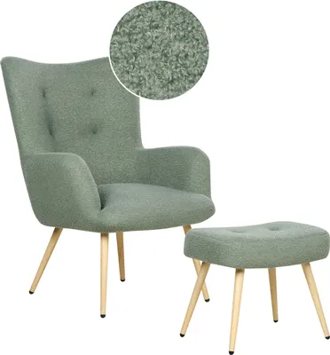 Produktbild von BELIANI Ohrensessel mit Hocker Hellgrün Stoffbezug Bouclé Gesteppt Teddy-Optik Metallbeine Wohnzimmer Schlafzimmer Sessel Polstersessel Armsessel