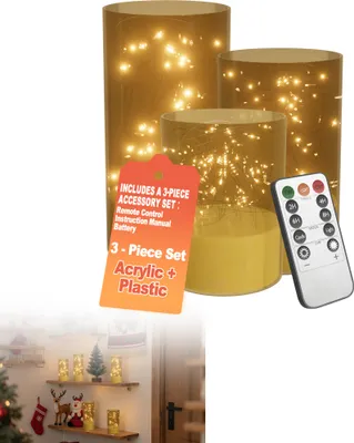 Produktbild von XMTECH LED Kerzen 9er Set – Flammenlose Säulenkerzen Ø7,5 x 10/12,5/15cm mit Fernbedienung & Timer – Lichtdraht-Design, Batteriebetrieben, Flackernd, Dekorativ für Innen & Außen – Gold