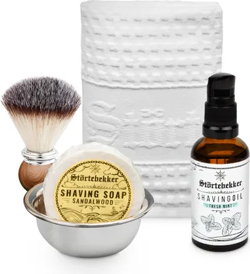 Produktbild von Störtebekker Rasurpflege Set - Mit Rasierpinsel, Rasierschale, Rasiertuch, Rasieröl, Rasierseife (Sandelholz) - Rasierset / Bartpflege - Geschenkidee