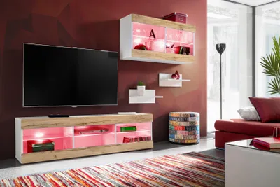 Obrázek produktu pro Nástěnná skříňka, Tivoli SET3, bílá/wotan, šířka 240 cm x výška 159 cm x hloubka 35 cm, LED RGB, do obývacího pokoje, ložnice