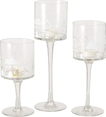 Zdjęcie produktu dla 3-częściowy zestaw latarni Nordy przezroczyste białe domy stojak na świecę na nóżce świecznik na tealight